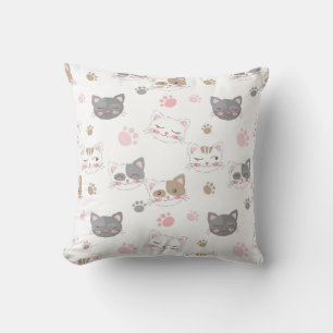 Playful Cat Faces and Paw Prints Throw Pillow