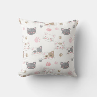 Playful Cat Faces and Paw Prints Throw Pillow
