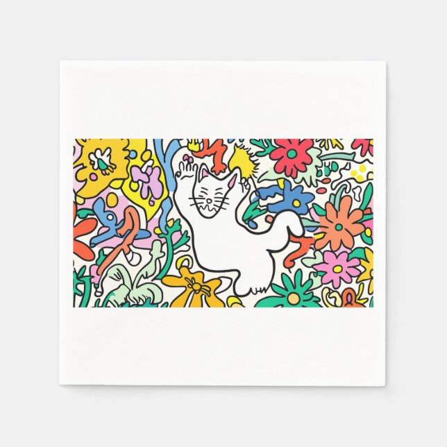 Playful Cat in a Floral Paradise" Napkins (Front)