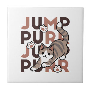 Playful Cat Jump Design - Jump Purr Pun Artwork Ceramic Tile
