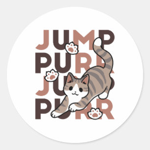 Playful Cat Jump Design - Jump Purr Pun Artwork Classic Round Sticker