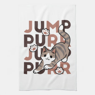 Playful Cat Jump Design - Jump Purr Pun Artwork Kitchen Towel