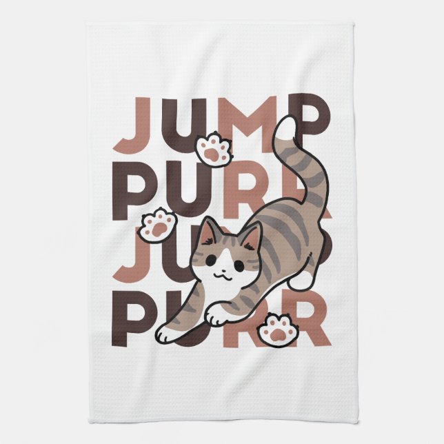 Playful Cat Jump Design - Jump Purr Pun Artwork Kitchen Towel (Vertical)