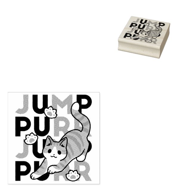 Playful Cat Jump Design - Jump Purr Pun Artwork Rubber Stamp (Stamped)