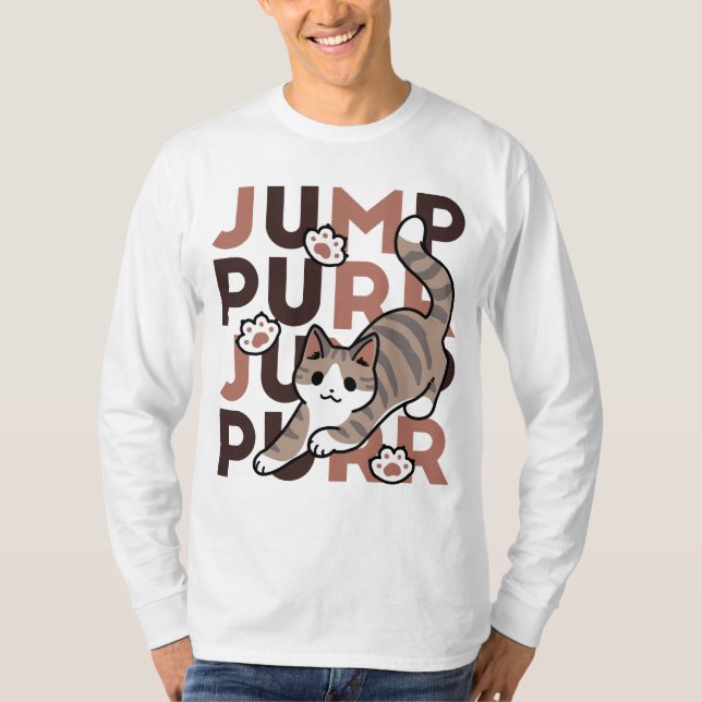 Playful Cat Jump Design - Jump Purr Pun Artwork T-Shirt (Front)