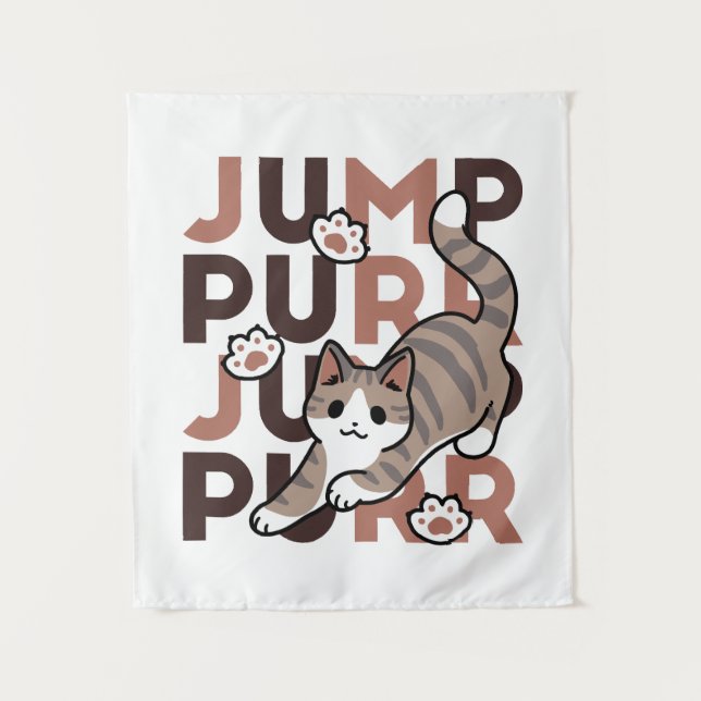 Playful Cat Jump Design - Jump Purr Pun Artwork Tapestry (Front)
