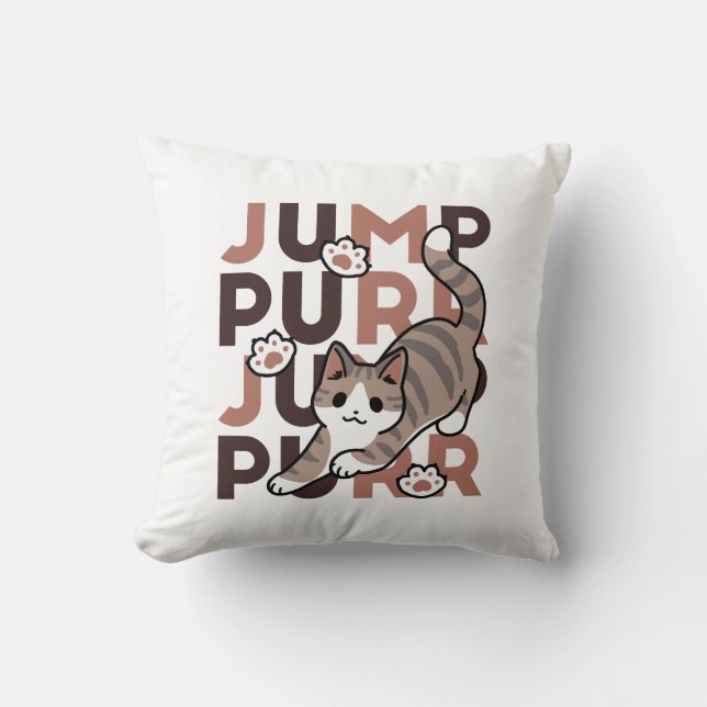 Playful Cat Jump Design - Jump Purr Pun Artwork Throw Pillow (Front)