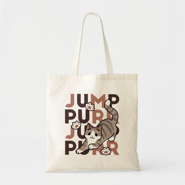Playful Cat Jump Design - Jump Purr Pun Artwork Tote Bag (Front)