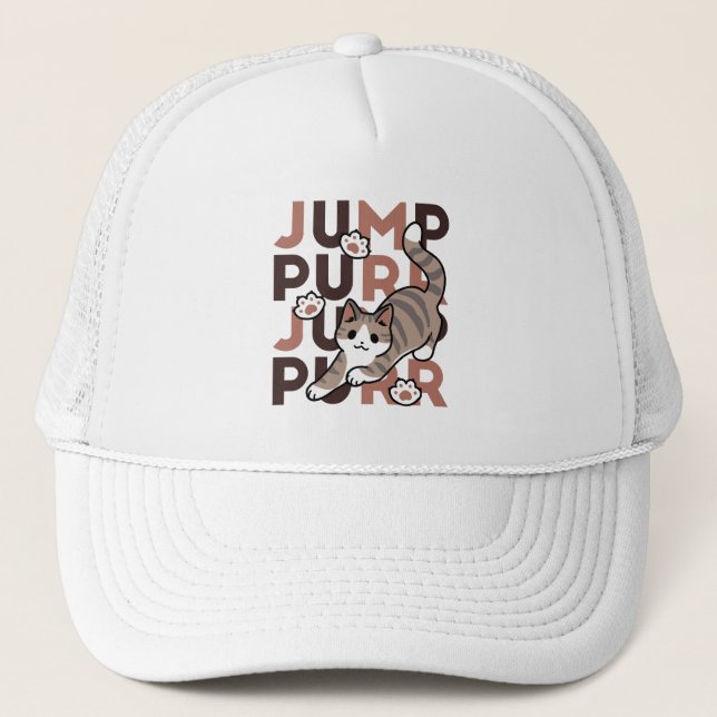 Playful Cat Jump Design - Jump Purr Pun Artwork Trucker Hat (Front)