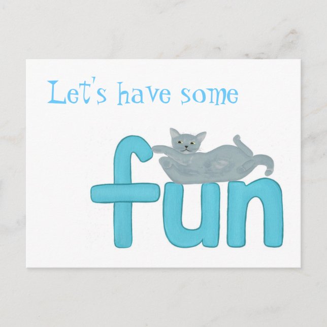 Playful cat laying on the word fun, postcards (Front)