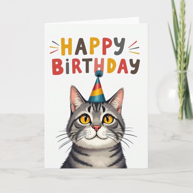 Playful Cat Party Hat Card (Front)