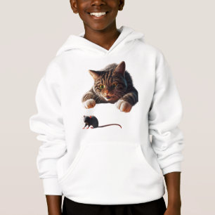 Playful Cat Pouncing on Mouse – Funny Cartoon Desi Hoodie