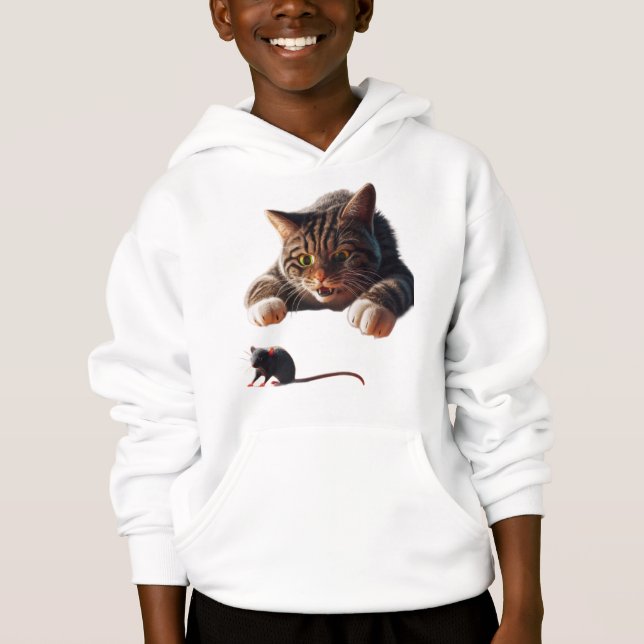 Playful Cat Pouncing on Mouse – Funny Cartoon Desi Hoodie (Front)