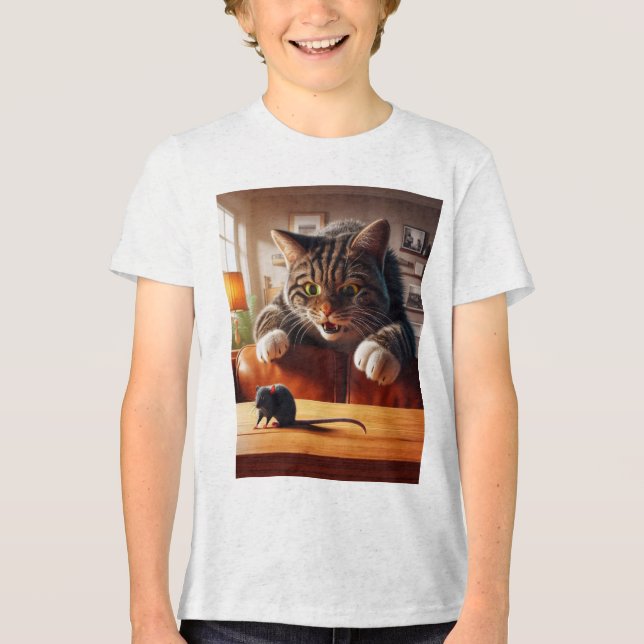 Playful Cat Pouncing on Mouse – Funny Cartoon Desi Tri-Blend Shirt (Front)