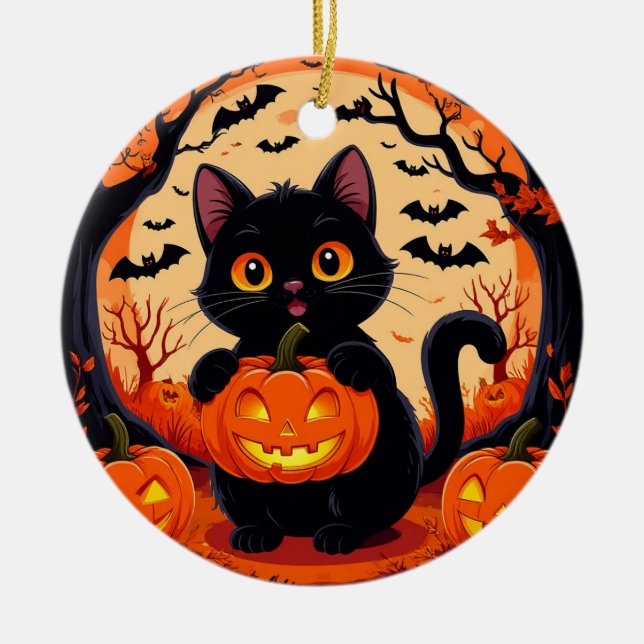 🌕🎃 Playful Cat & Pumpkin Moonlight Halloween ✨🐾 Ceramic Ornament (Front)