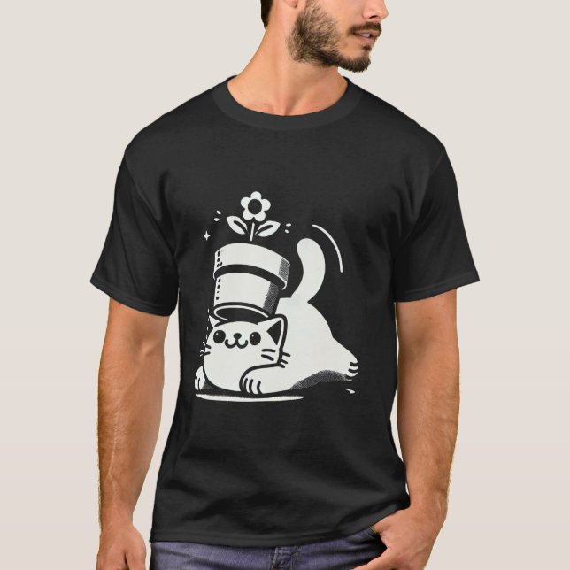 Playful Cat with Pot on Head Funny Halloween T-Shirt (Front)
