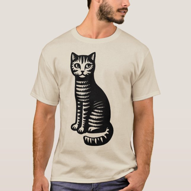 Playful Cat Woodcut Style T-Shirt (Front)