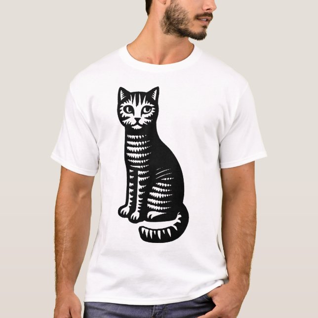 Playful Cat Woodcut Style T-Shirt (Front)