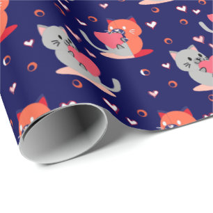 Playful Cat Wrapping Paper – Navy Blue Hearts