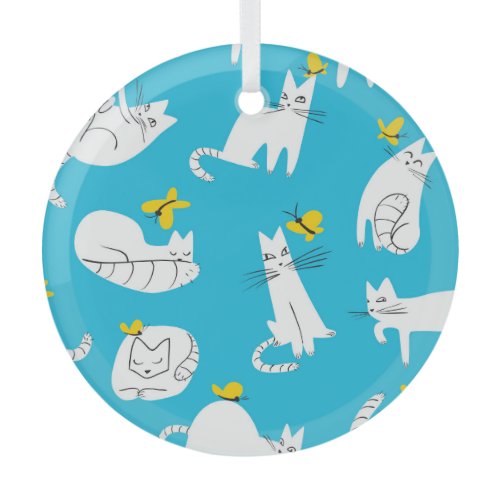 Playful Cats and Butterflies Pattern Glass Ornament