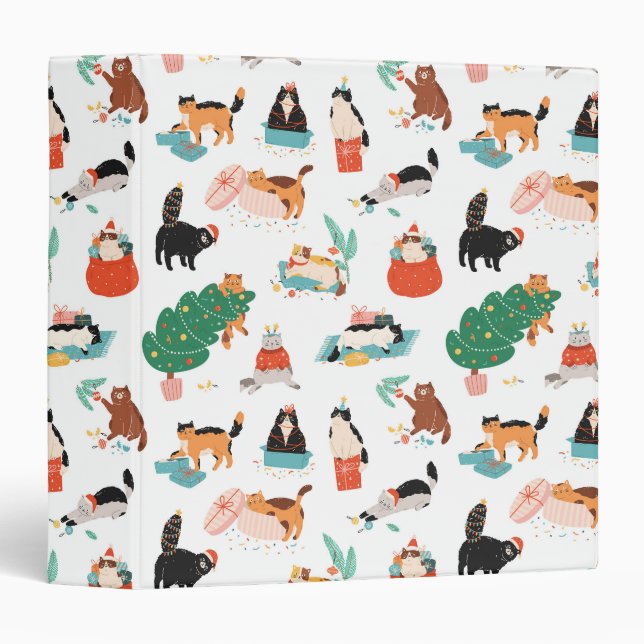 Playful Cats and Christmas Trees Pattern 3 Ring Binder (Front/Spine)