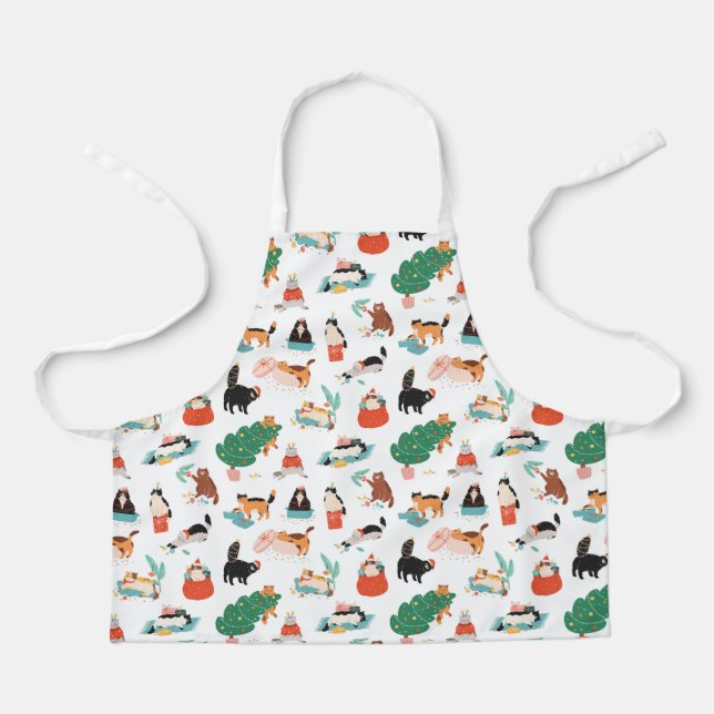 Playful Cats and Christmas Trees Pattern Apron (Front)