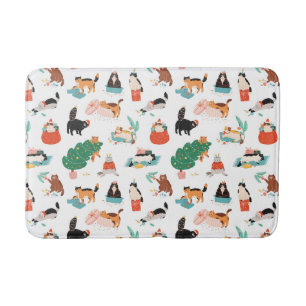 Playful Cats and Christmas Trees Pattern Bath Mat