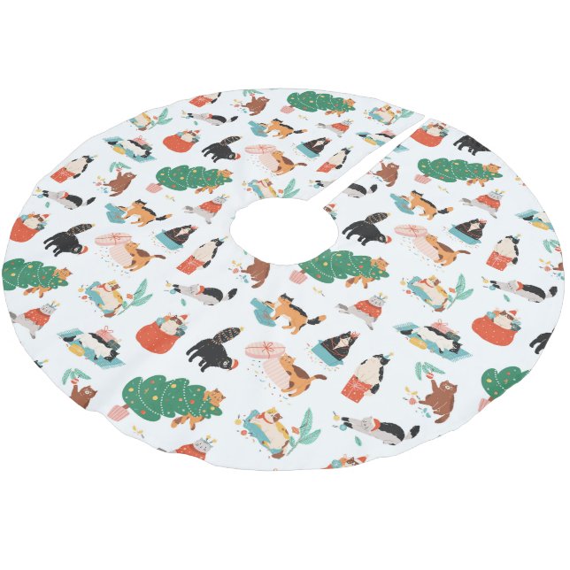 Playful Cats and Christmas Trees Pattern Brushed Polyester Tree Skirt (Angled)