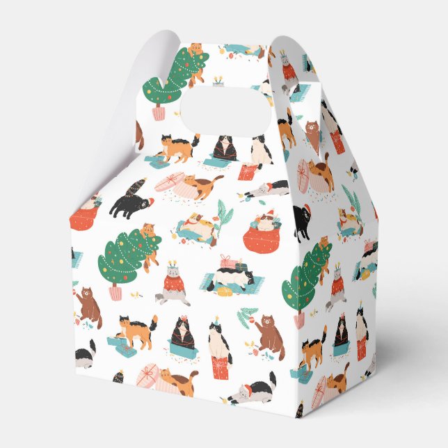 Playful Cats and Christmas Trees Pattern Favor Boxes (Front Side)