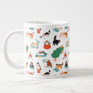 Playful Cats and Christmas Trees Pattern Giant Coffee Mug