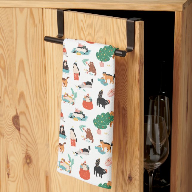 Playful Cats and Christmas Trees Pattern Kitchen Towel (Thirds Fold)