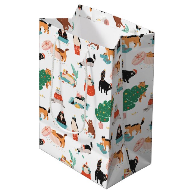 Playful Cats and Christmas Trees Pattern Medium Gift Bag (Front Angled)