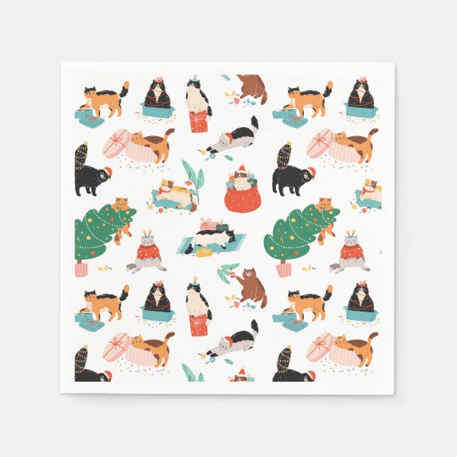 Playful Cats and Christmas Trees Pattern Napkins (Front)