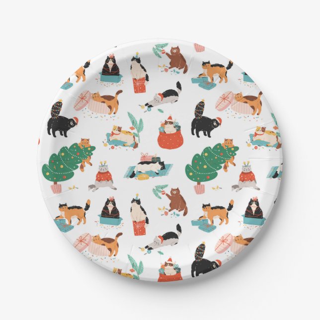 Playful Cats and Christmas Trees Pattern Paper Plates (Front)