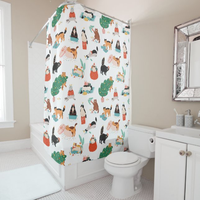 Playful Cats and Christmas Trees Pattern Shower Curtain (In Situ)