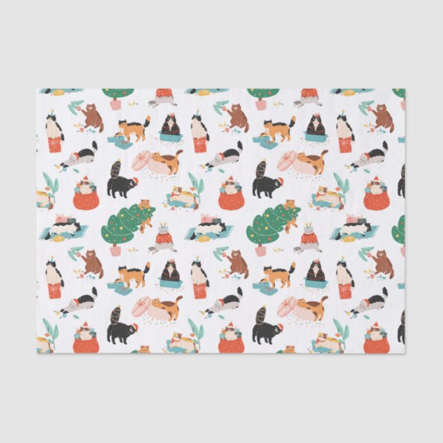 Playful Cats and Christmas Trees Pattern Tissue Paper (Front)