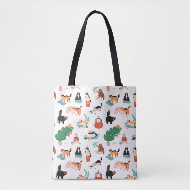 Playful Cats and Christmas Trees Pattern Tote Bag (Front)