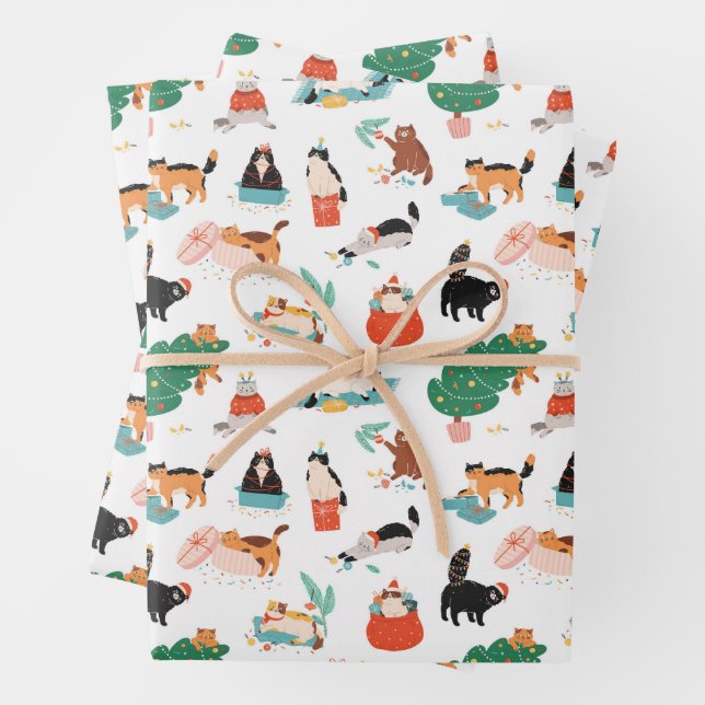 Playful Cats and Christmas Trees Pattern Wrapping Paper Sheets (In situ)