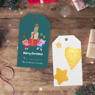 Playful cats and gifts star heart green Christmas Foil Gift Tags