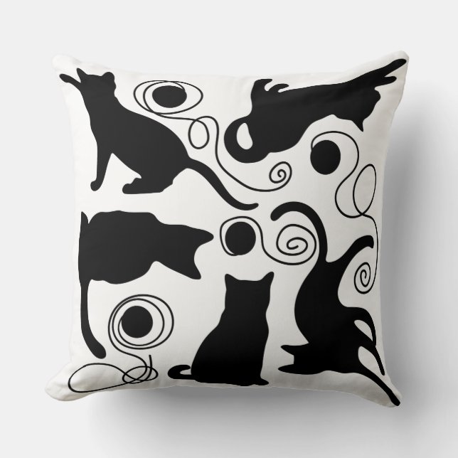 Playful Cats and Yarn Silhouettes Throw Pillow (Front)