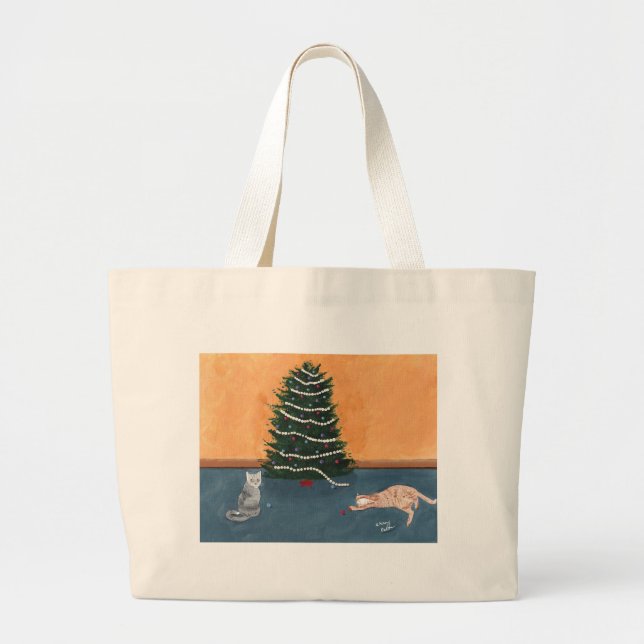 Playful cats by the Christmas tree canvas bags (Front)