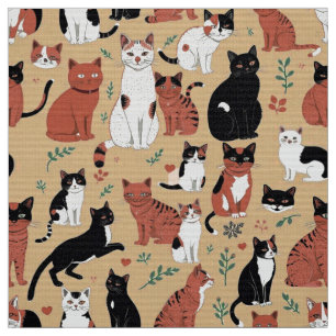 Playful Cats on a Tan Background Fabric