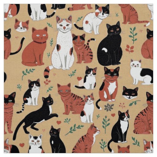 Playful Cats on a Tan Background Fabric