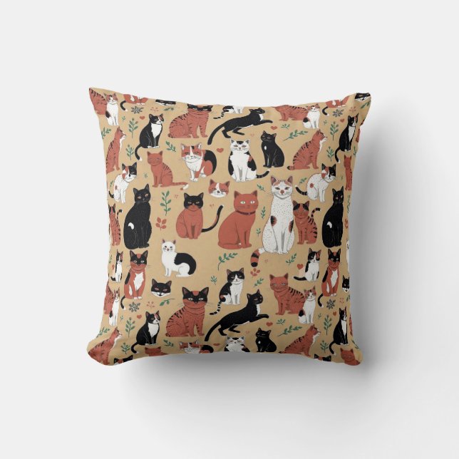 Playful Cats on a Tan Background Throw Pillow (Front)