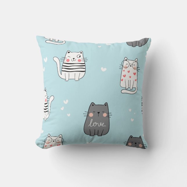 Playful Cats on Blue Pattern Throw Pillow (Front)