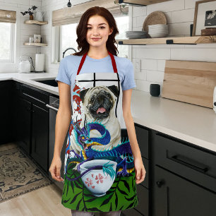 Playful Charming Pug Dog Japanese Dragon Apron