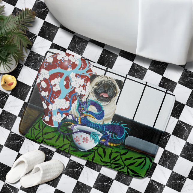 Playful Charming Pug Dog Japanese Dragon Bath Mat (Creator Uploaded)
