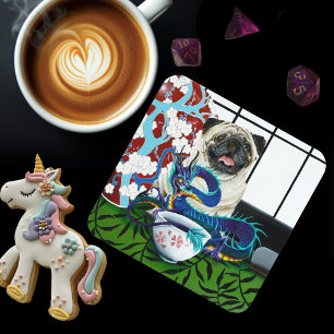Playful Charming Pug Dog Japanese Dragon Beverage Coaster