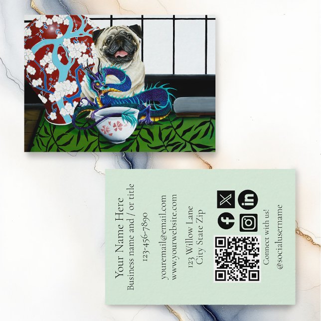 Playful Charming Pug Dog Japanese Dragon Business Card (Creator Uploaded)