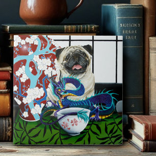 Playful Charming Pug Dog Japanese Dragon Ceramic Tile